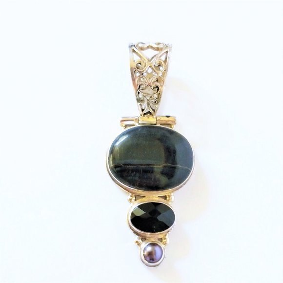 unbranded Jewelry - Vintage Sterling Silver 925 Large Pendant Stone Onyx Pearl Triple Drop Statement